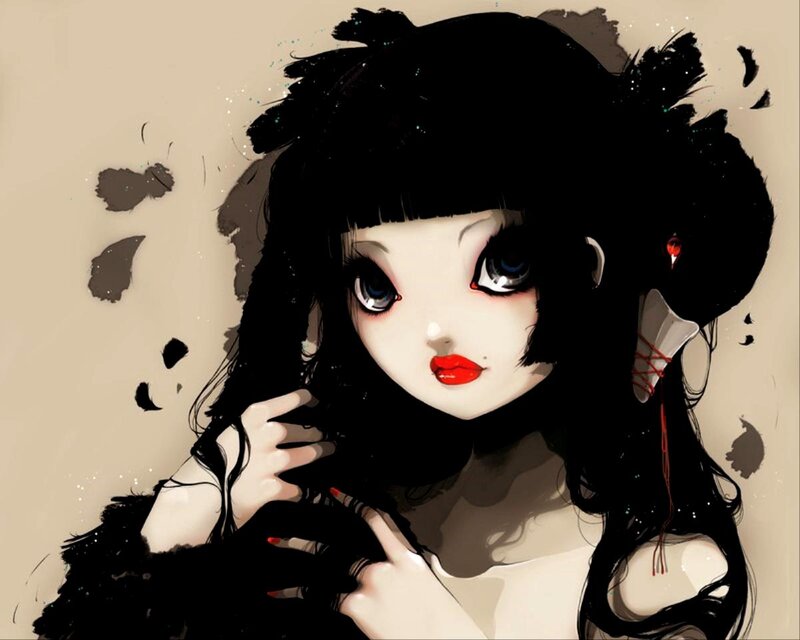 Anime Girl with Black Hair — Dramatic, Digital Art, Red Lipstick
