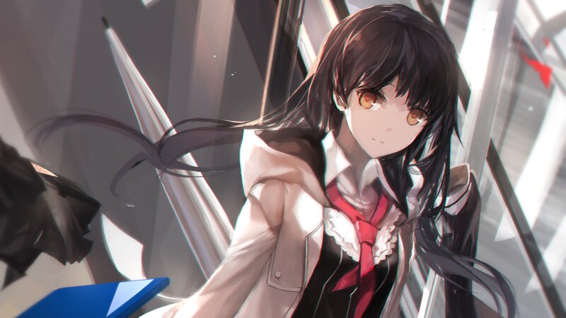 Anime Girl with Black Hair — Dramatic, Digital Art, School Uniform, Umbrella
