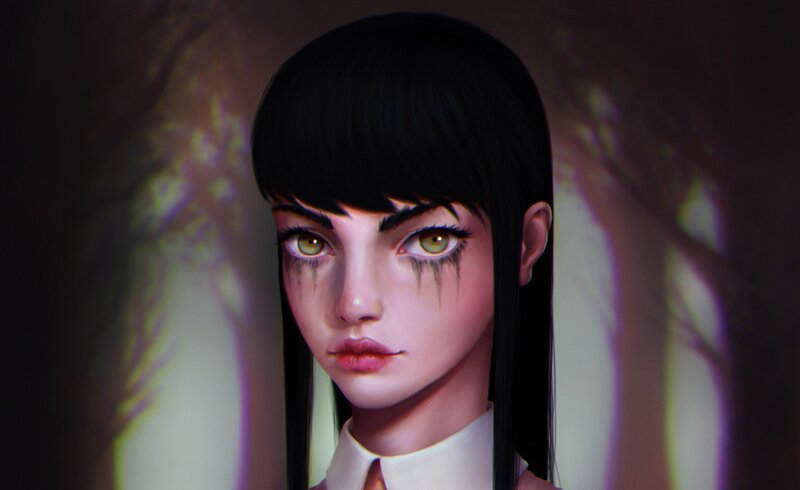 Anime Girl with Black Hair — Dramatic, Digital Art, White Collar
