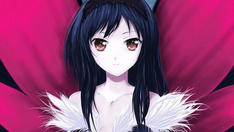 Anime Girl with Black Hair — Dramatic, Digital Art, White Feathers