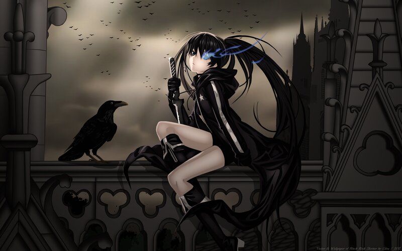 Anime Girl with Black Hair — Dramatic, Night, Digital Art, Crow