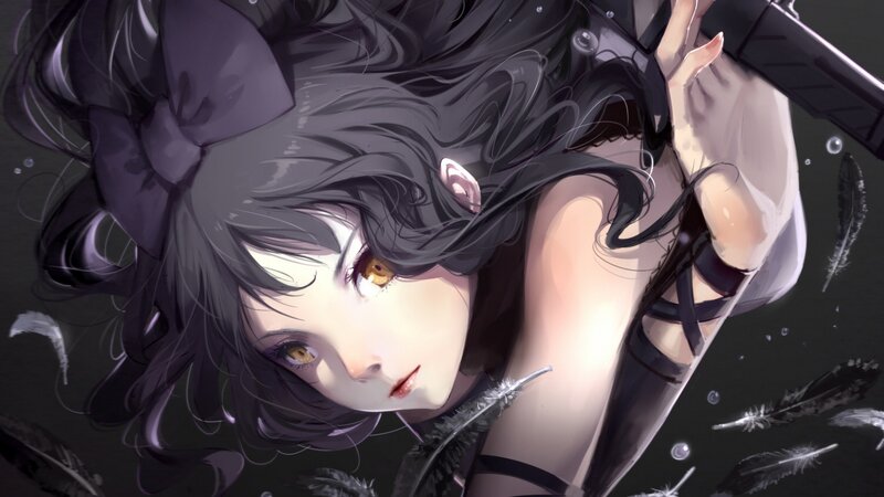 Anime Girl with Black Hair — Dramatic, Night, Digital Art, Feathers