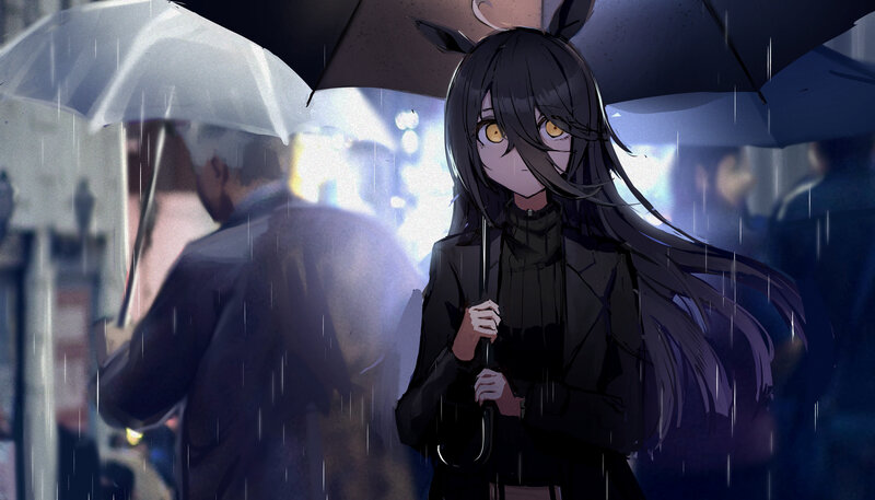 Anime Girl with Black Hair — Dramatic, Night, Digital Art, Umbrella