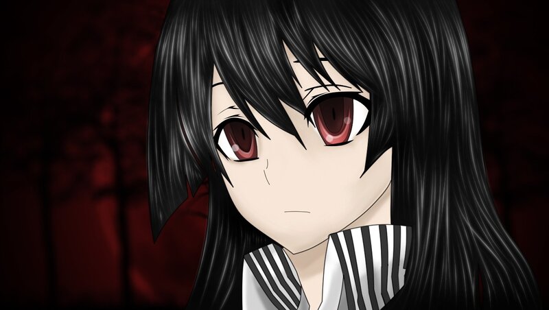 Anime Girl with Black Hair — Dramatic, Red Eyes, Striped Collar