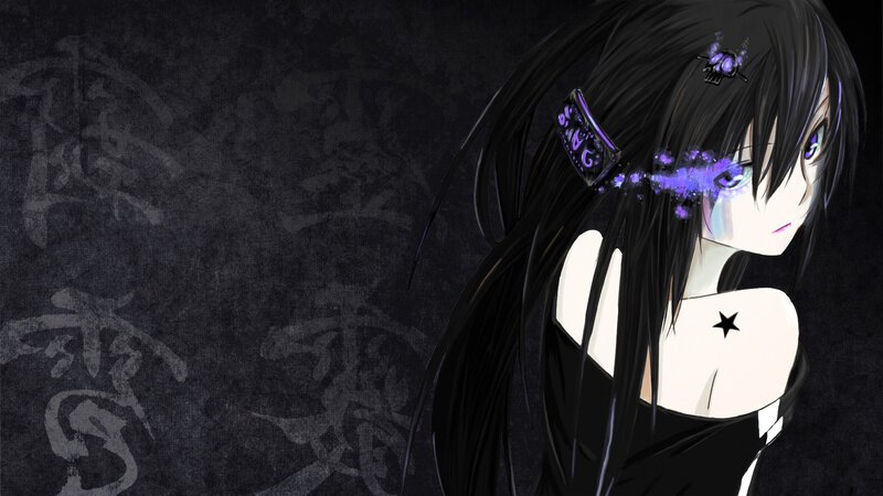 Anime Girl with Black Hair — Dramatic, Star Tattoo, Purple Eyes, Hair Clip
