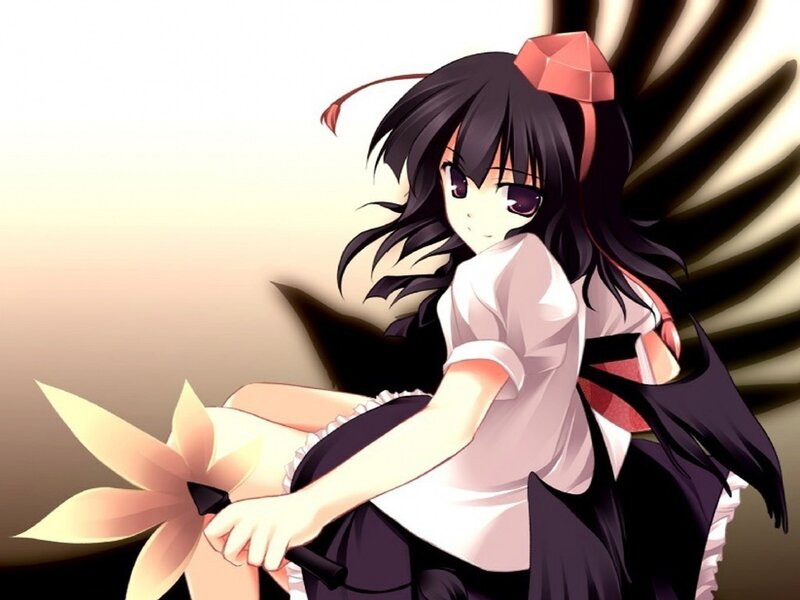 Anime Girl with Black Hair — Dramatic, Sunset, Black Wings