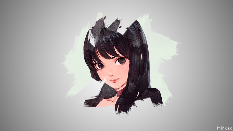 Anime Girl with Black Hair — Gray, Neutral, Digital Art