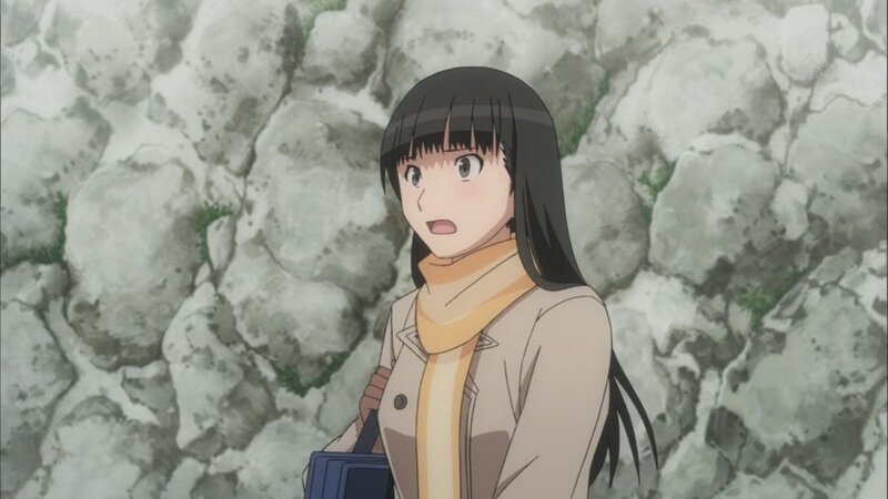 Anime Girl with Black Hair — Gray, Neutral, Scarf