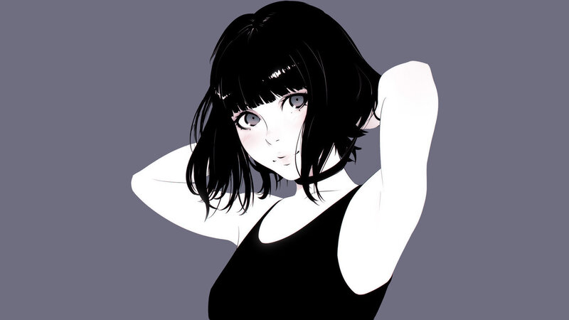 Anime Girl with Black Hair — Neutral, Black Top