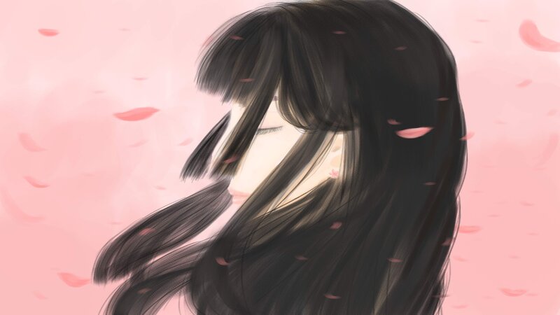 Anime Girl with Black Hair — Pink, Serene, Spring