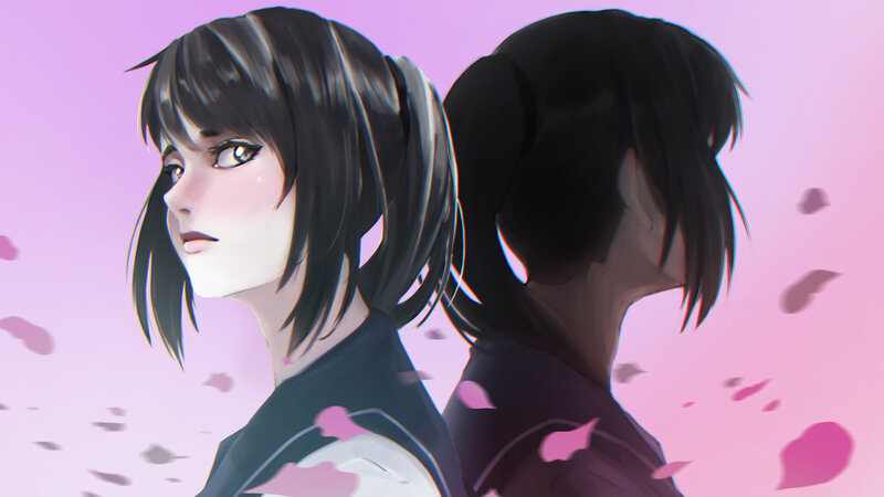Anime Girl with Black Hair — Pink, Serene