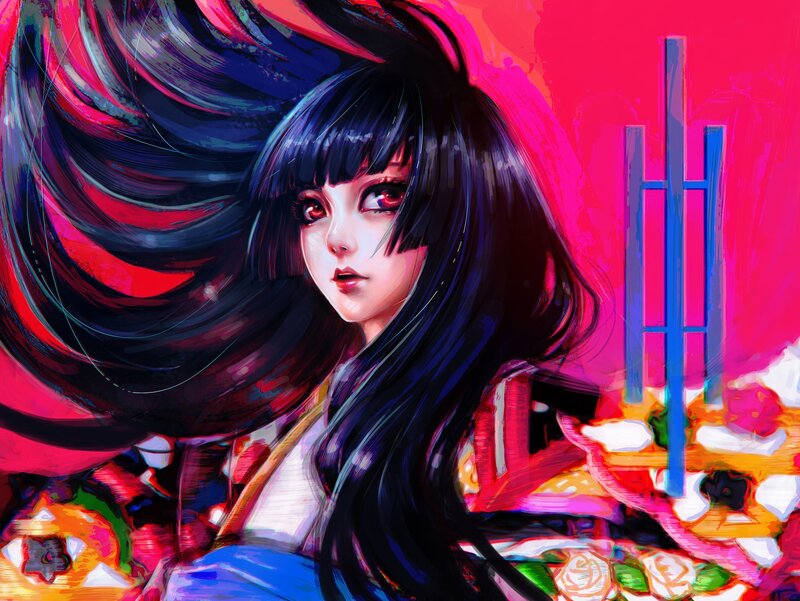 Anime Girl with Black Hair — Red, Dramatic, Digital Art, Eyes