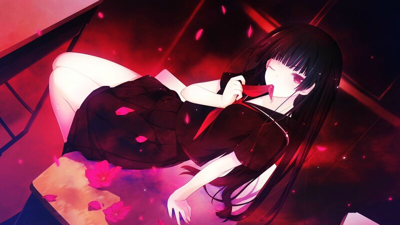 Anime Girl with Black Hair — Red, Dramatic, Night