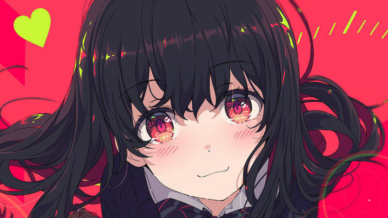Anime Girl with Black Hair — Red, Playful, Heart