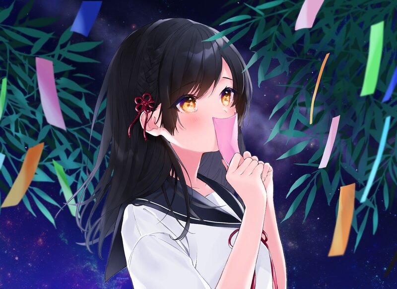 Anime Girl with Black Hair — Serene, Night, Digital Art