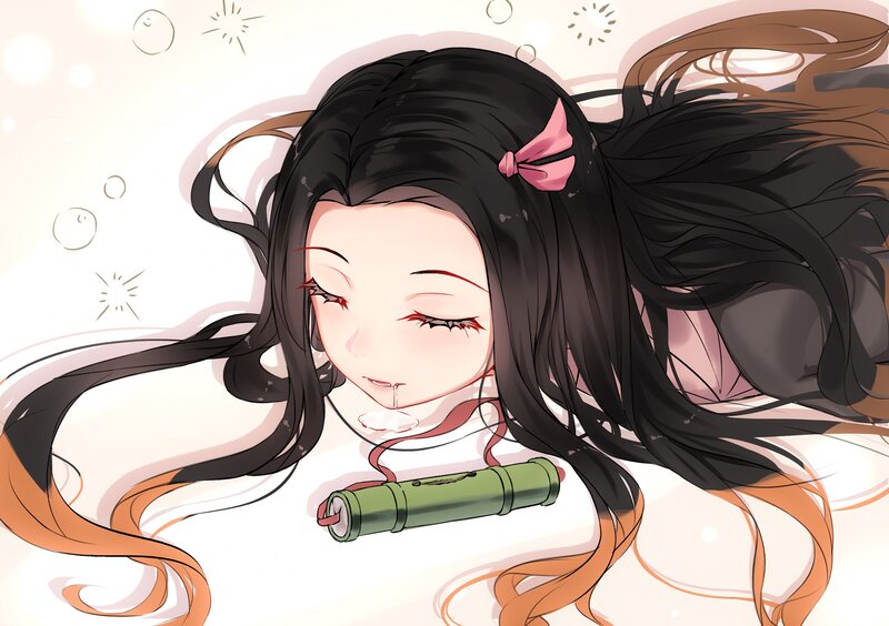Anime Girl with Black Hair — Serene, Pink Bow