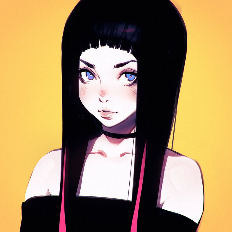 Anime Girl with Black Hair — Yellow, Dramatic, Digital Art