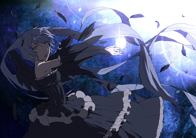 Anime Girl with Black Wings — Blue, Dramatic, Night, Digital Art