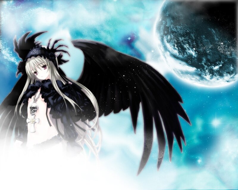 Anime Girl with Black Wings — Blue, Dramatic, Night, Moon, Skull Necklace