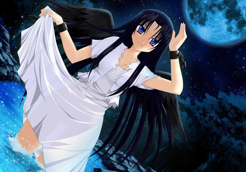 Anime Girl with Black Wings — Blue, Dramatic, Night, Moon