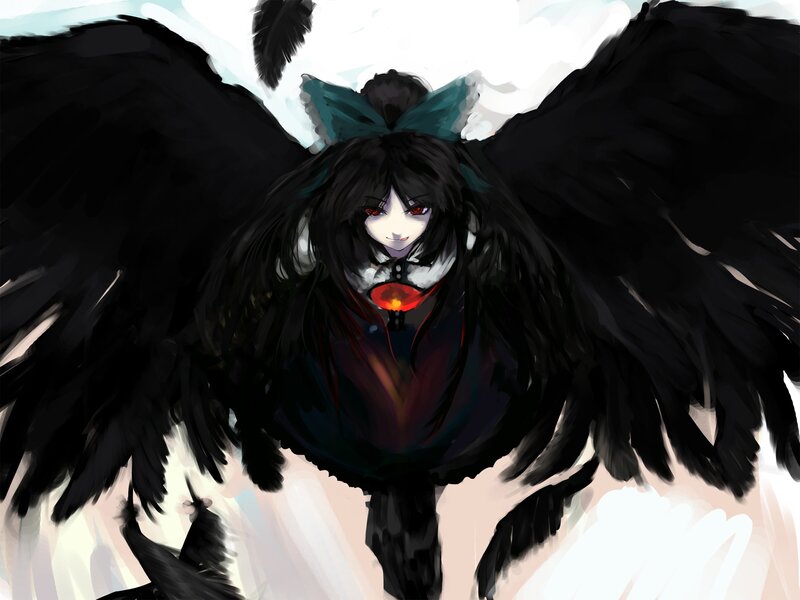 Anime Girl with Black Wings — Dramatic, Digital Art, Bow