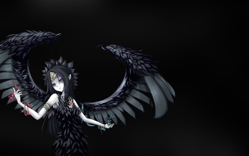 Anime Girl with Black Wings — Dramatic, Digital Art, Dark Background