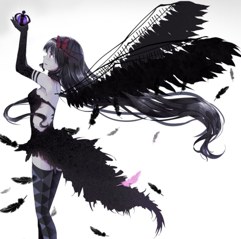 Anime Girl with Black Wings — Dramatic, Digital Art, Feathers, Crystal