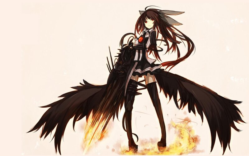 Anime Girl with Black Wings — Dramatic, Digital Art, Fire