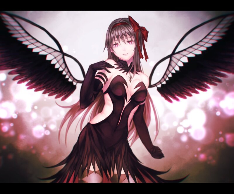Anime Girl with Black Wings — Dramatic, Digital Art, Red Bow