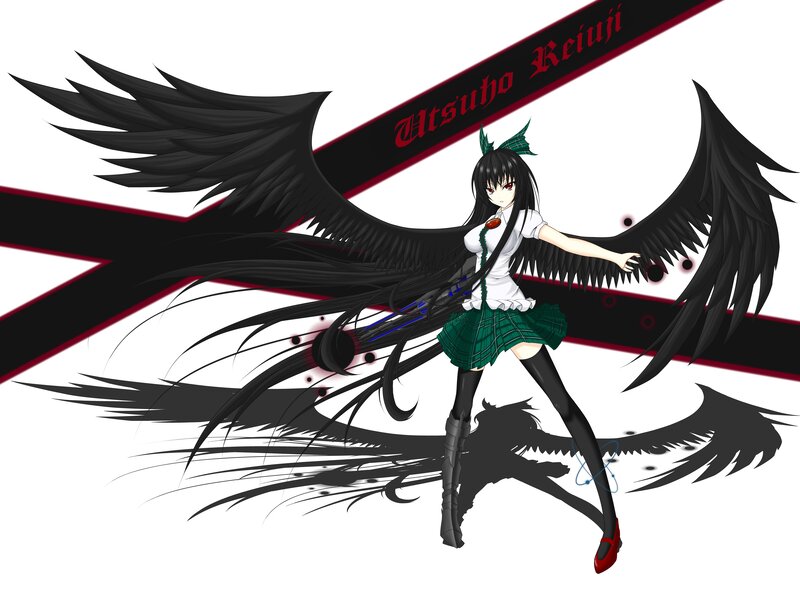 Anime Girl with Black Wings — Dramatic, Digital Art, Skirt