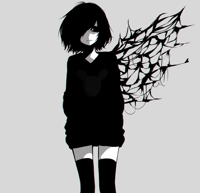 Anime Girl with Black Wings — Dramatic, Digital Art, Sweater