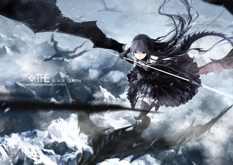 Anime Girl with Black Wings — Dramatic, Digital Art, Sword, Clouds
