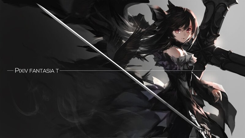 Anime Girl with Black Wings — Dramatic, Digital Art, Sword, Dress