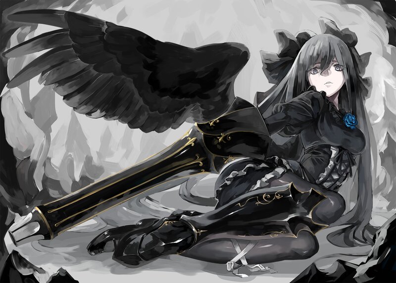 Anime Girl with Black Wings — Dramatic, Digital Art, Sword, Rose