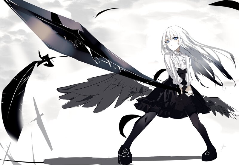 Anime Girl with Black Wings — Dramatic, Digital Art, Sword, Skirt