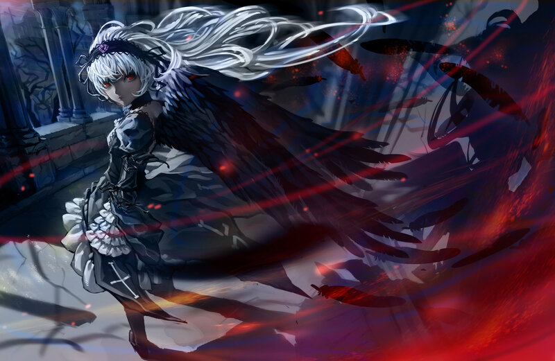 Anime Girl with Black Wings — Dramatic, Night, Digital Art, Castle