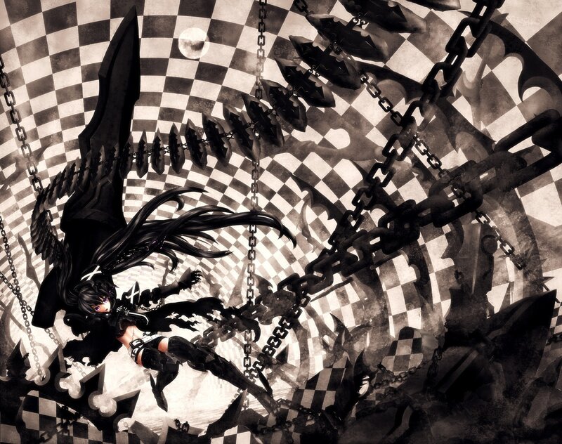 Anime Girl with Black Wings — Dramatic, Night, Digital Art, Chains, Checkered Pattern