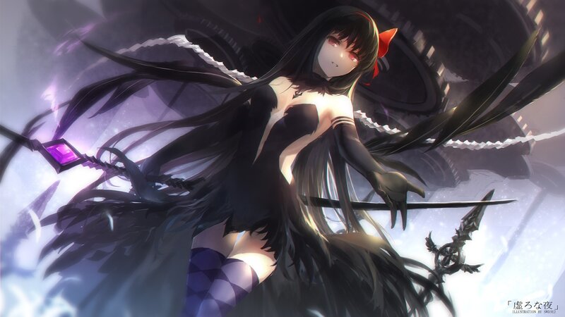 Anime Girl with Black Wings — Dramatic, Night, Digital Art, Sword