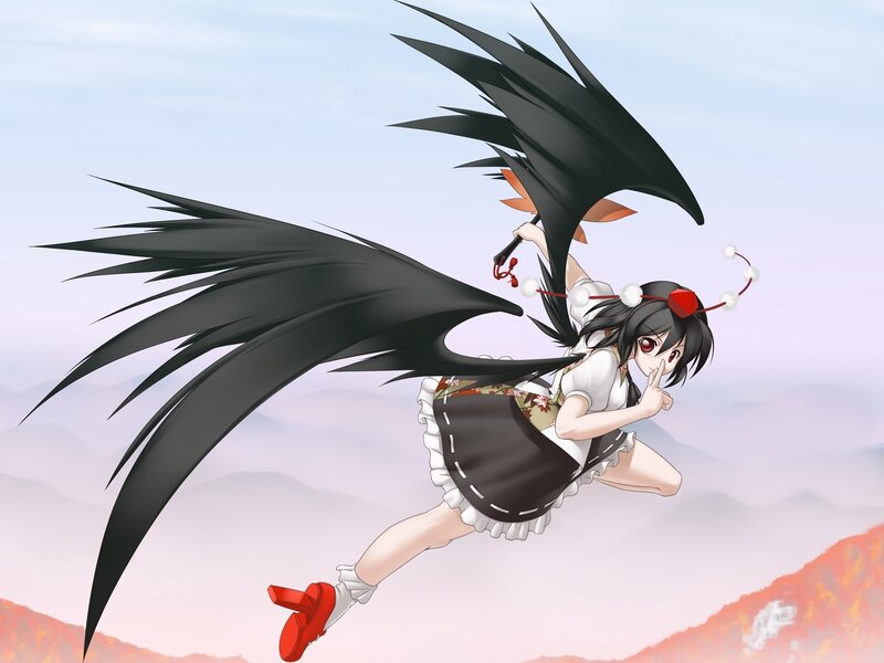 Anime Girl with Black Wings — Dynamic, Sunset