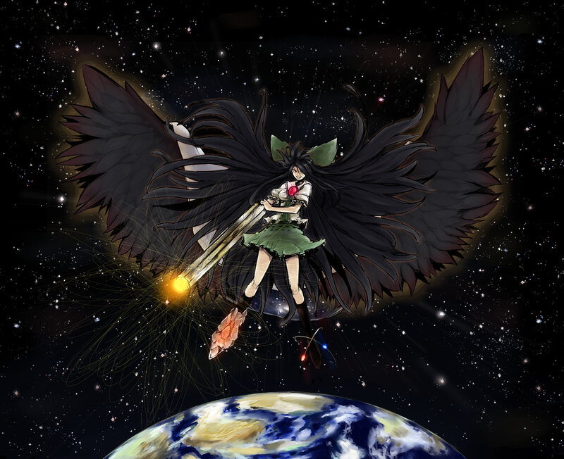 Anime girl with black wings in space