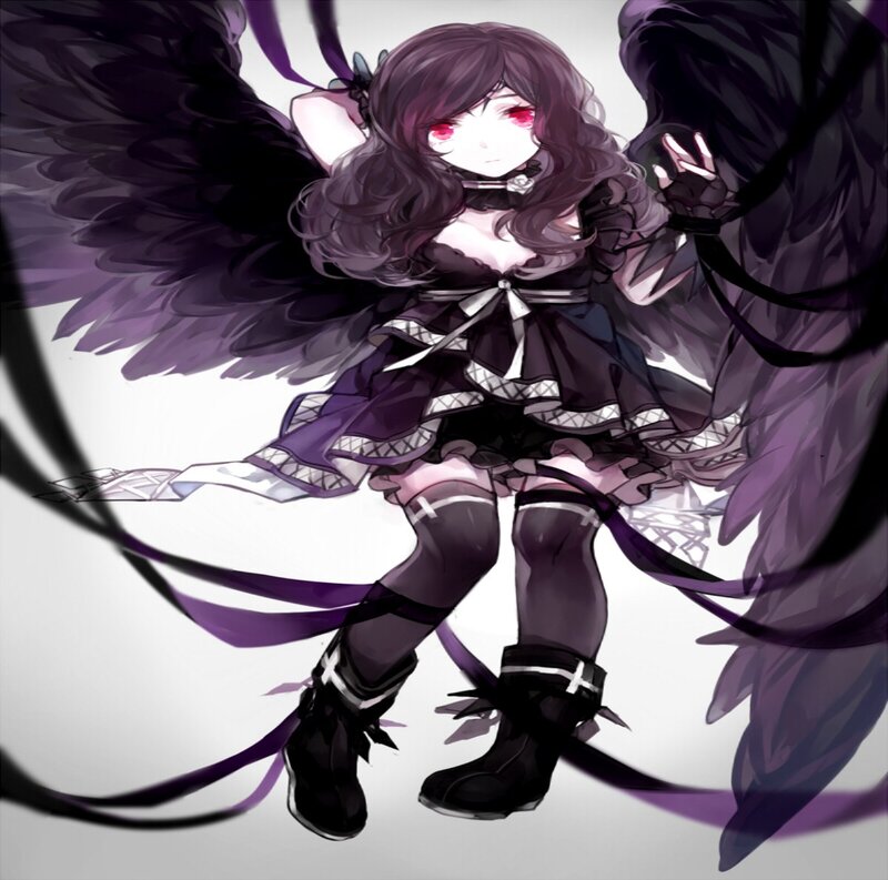 Anime Girl with Black Wings — Purple, Dramatic, Digital Art