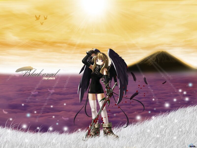 Anime Girl with Black Wings — Purple, Dramatic, Sunset