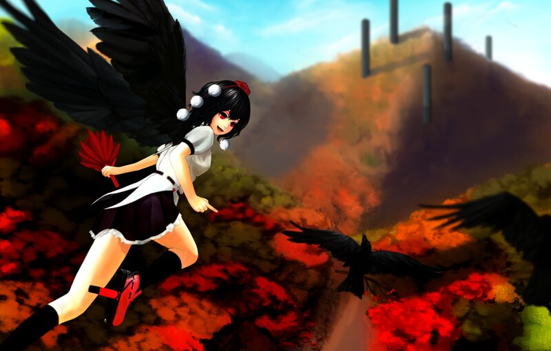 Anime Girl with Black Wings — Red, Dramatic, Autumn