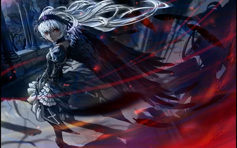 Anime Girl with Black Wings — Red, Dramatic, Night