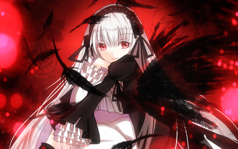 Anime Girl with Black Wings — Red, Dramatic