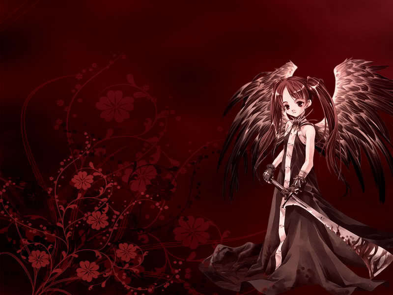 Anime Girl with Black Wings — Red
