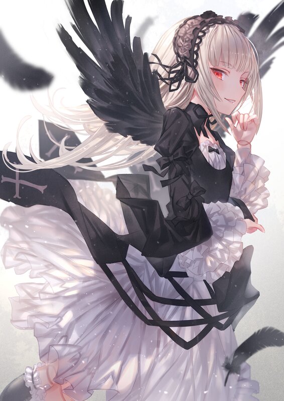 Anime Girl with Black Wings — White, Dramatic, Digital Art, Dress