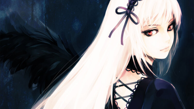 Anime Girl with Black Wings — White, Dramatic, Night