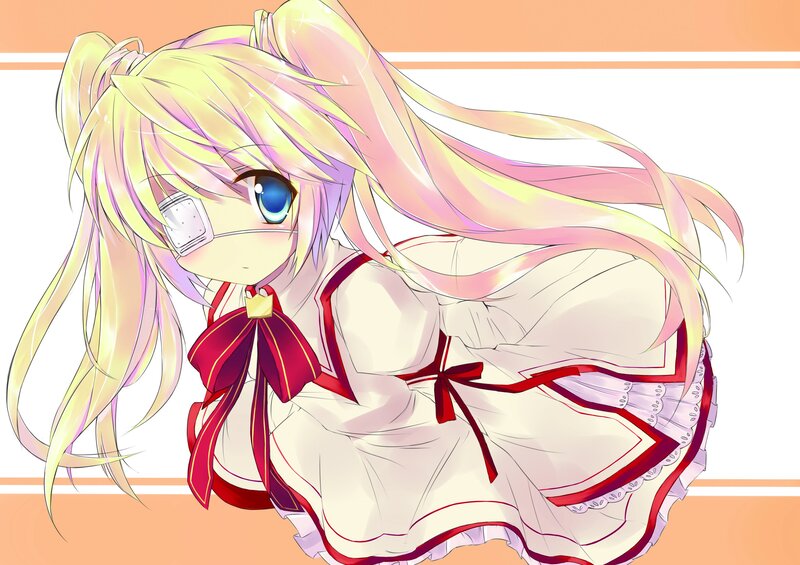 Anime Girl with Blonde Hair — White, Calm, Eye Patch, Red Bow
