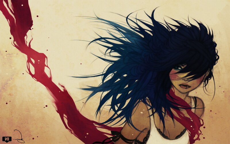 Anime girl with blood and wind
